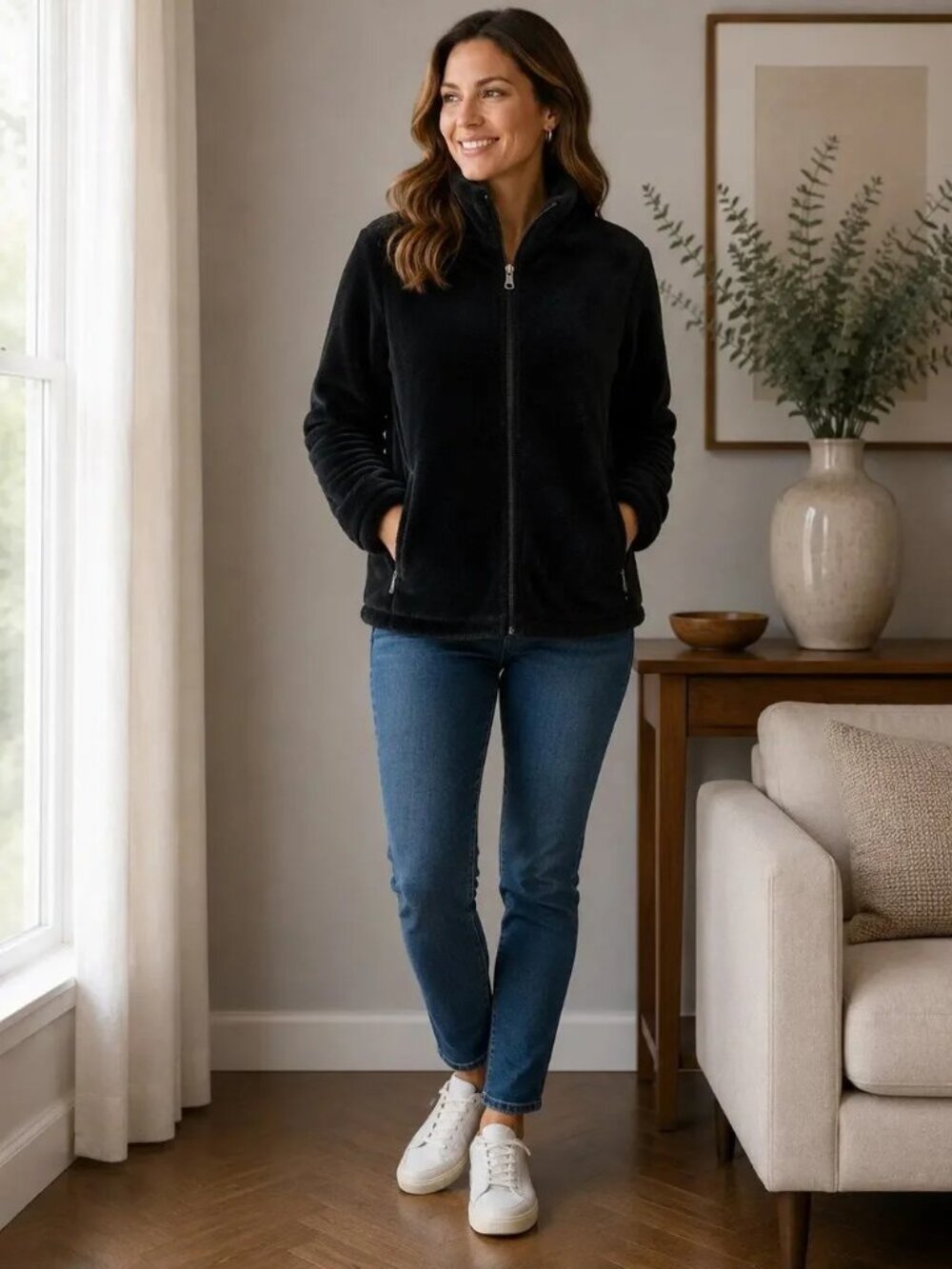 32 Degrees Heat XL Black Plush Faux Fur Fleece Full Zip Jacket Cozy Soft